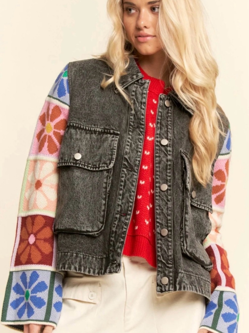 DAVI & DANI Women's
Adjustable Cuffs Multi Patch Denim Jacket (black denim) - Picture 9 of 10
